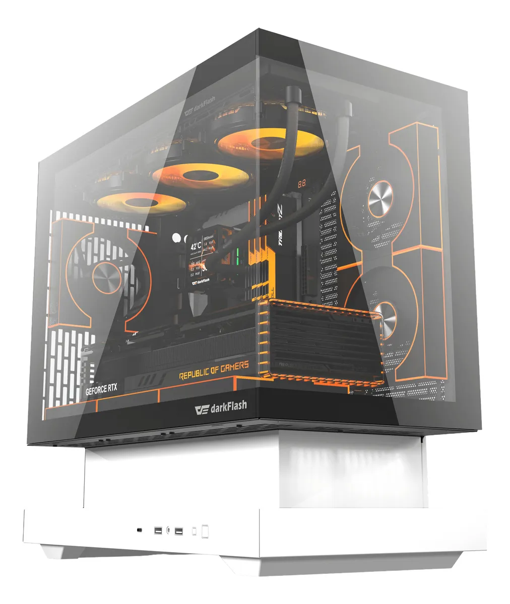 🖥️ Gabinete Gamer DarkFlash Floatron F1 M-ATX Blanco con Base Flotante, Vista Panorámica 270° y USB Tipo-C