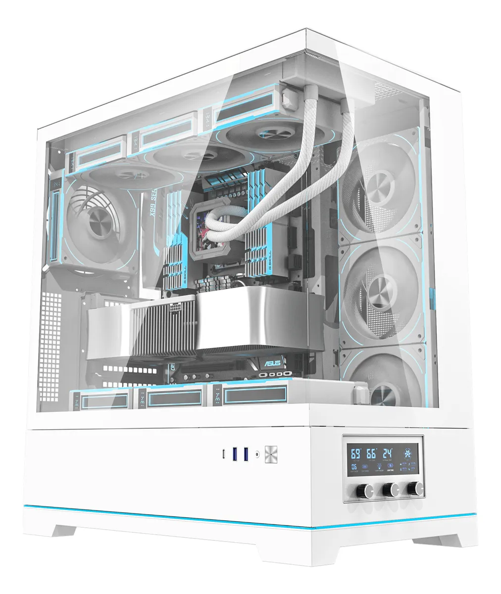 🖥️ Gabinete Gamer DarkFlash DY451 Pro ATX Blanco con Panel de Control Digital, ARGB y Soporte para 10 Ventiladores